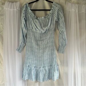 NWT Light Blue Plaid Long Sleeve Mini Dress